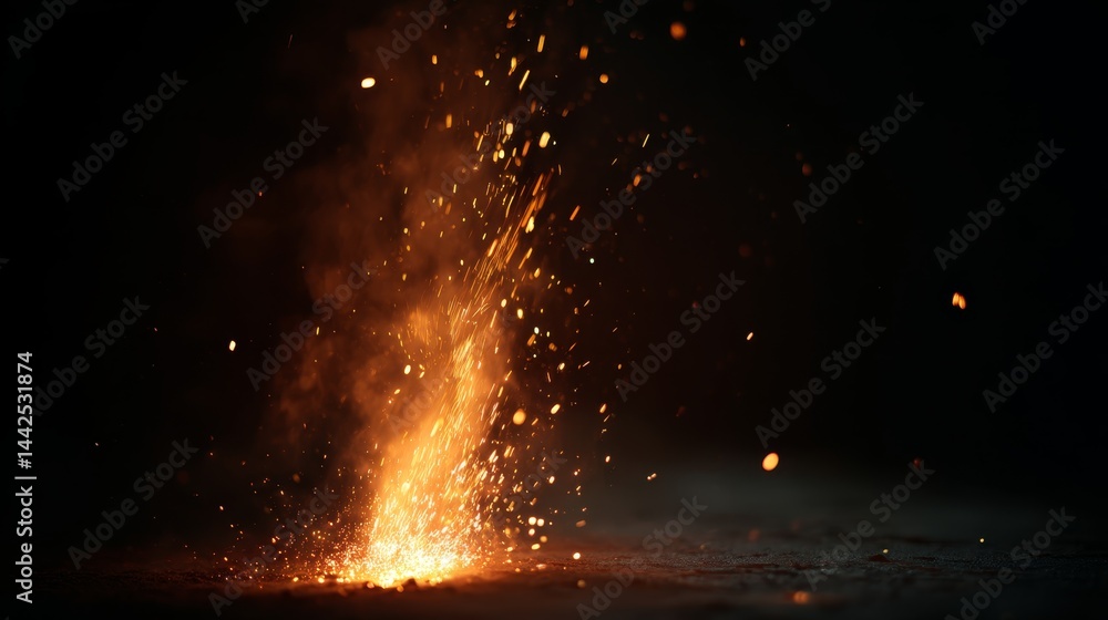 Poster Sparks glow softly as they float upward against a dark background, leaving trails of warm ember particles that create an abstract and inviting atmosphere
