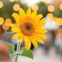 Naklejka premium Bright sunflower with vibrant petals and blurred background