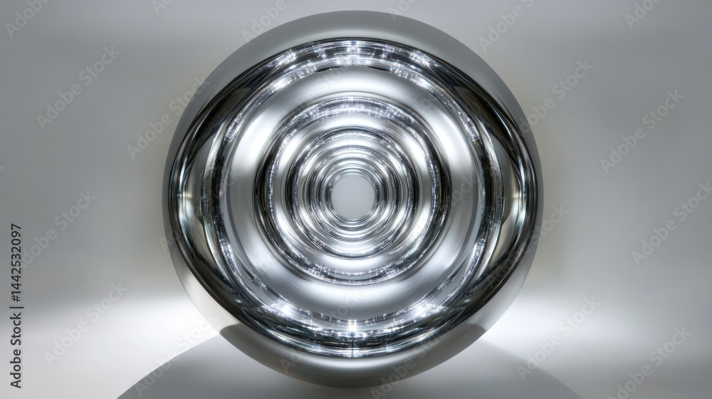 Poster a shiny silver sphere shows concentric circles in an abstract view