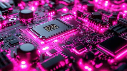 Close-up of a circuit board with glowing components