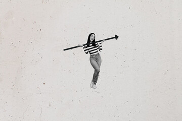 Sketch composite 3D photo collage trend artwork of young lady stand smile hand hold arrow target...