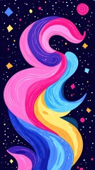 A vibrant, swirling abstract design with colors against a dark starry background.