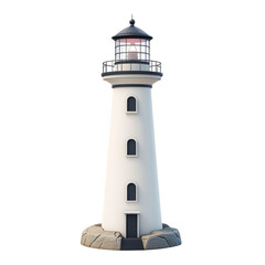 Tall white lighthouse with dark gray roof and windows sits on rocks