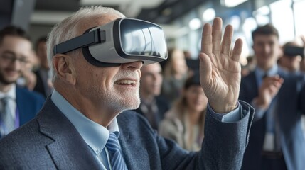 A senior business manager wearing VR virtual goggle glasses attends a meeting in a crowded auditorium convention hall filled with business people in the background
