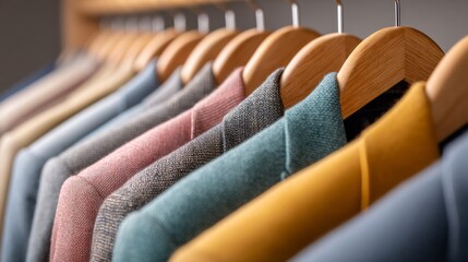 Obraz premium A stunning closet features meticulously organized garments hanging neatly on wooden hangers