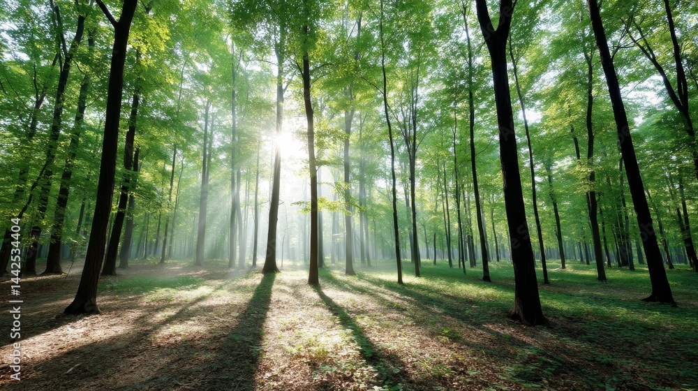 Fototapete early morning in a green forest with dense trees and fresh foliage. sunlight filters through mist, c
