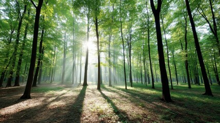 Obraz premium Early morning in a green forest with dense trees and fresh foliage. Sunlight filters through mist, creating a tranquil atmosphere and soft shadows on the ground