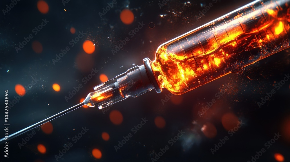 Poster a close up image featuring a lit syringe injection device