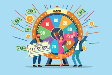 Happy people win jackpot in lottery. Vector flat cartoon illustration for casino or gambling games.