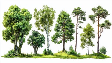 Set of pristine forest with thick green trees and moss-covered trunks on white background.