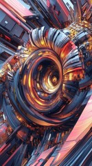 Abstract swirling design with metallic textures and glowing elements.