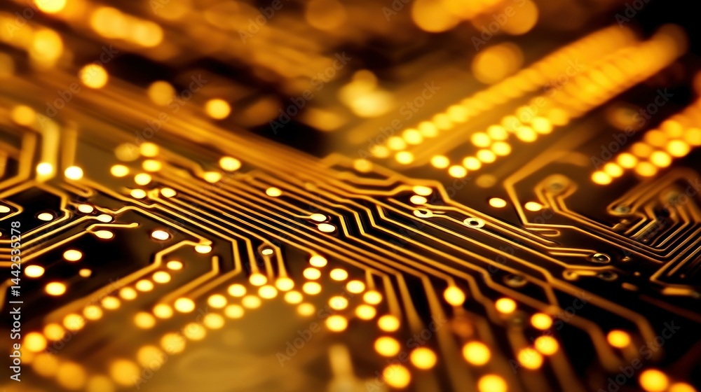Poster a close up view of a circuit board in gold color
