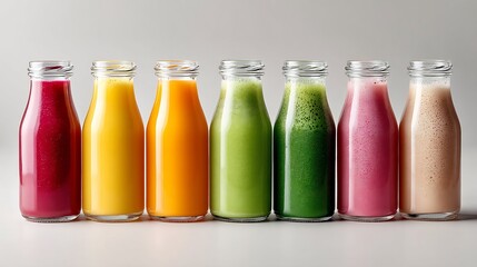 Vibrant assortment of colorful fruit and vegetable smoothies displayed in glass bottles