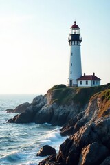Solitary lighthouse on seamless white backdrop , retro, building