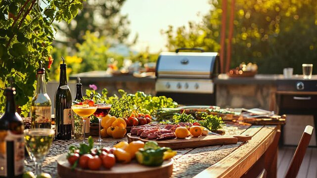 Outdoor barbecue preparation with fresh ingredients at sunset near a beautifully arranged dining area