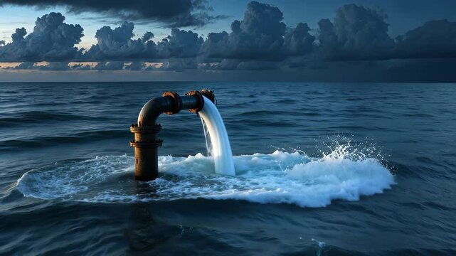 Industrial Pipe Pouring Water into Ocean Under Moody Skies