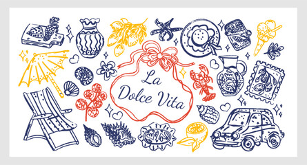 La Dolce Vita Set line art chalk and charcoal hand-drawn vector collection inspired by Italian summer, featuring lemons, cheese, wine, sea motifs, a vintage car, sun and seaside vacation vibes. 