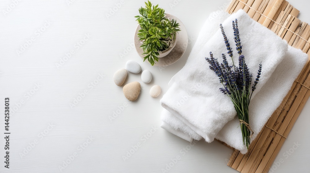 Aufkleber tranquil spa setup includes neatly folded white towels, smooth pebbles, and delicate lavender sprigs
