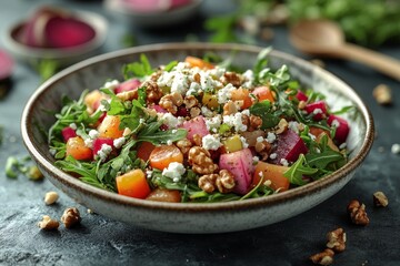 Roasted beet and fruit salad, healthy recipe, kitchen setting