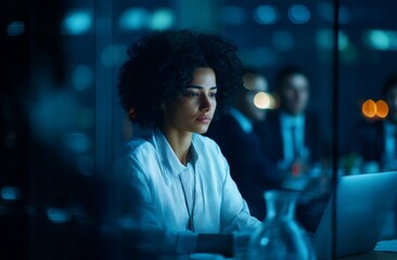 Naklejka premium In a dark office, a woman is seen smiling as she works on her laptop during the nighttime hours