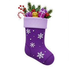 Stocking with gifts and candy on white background