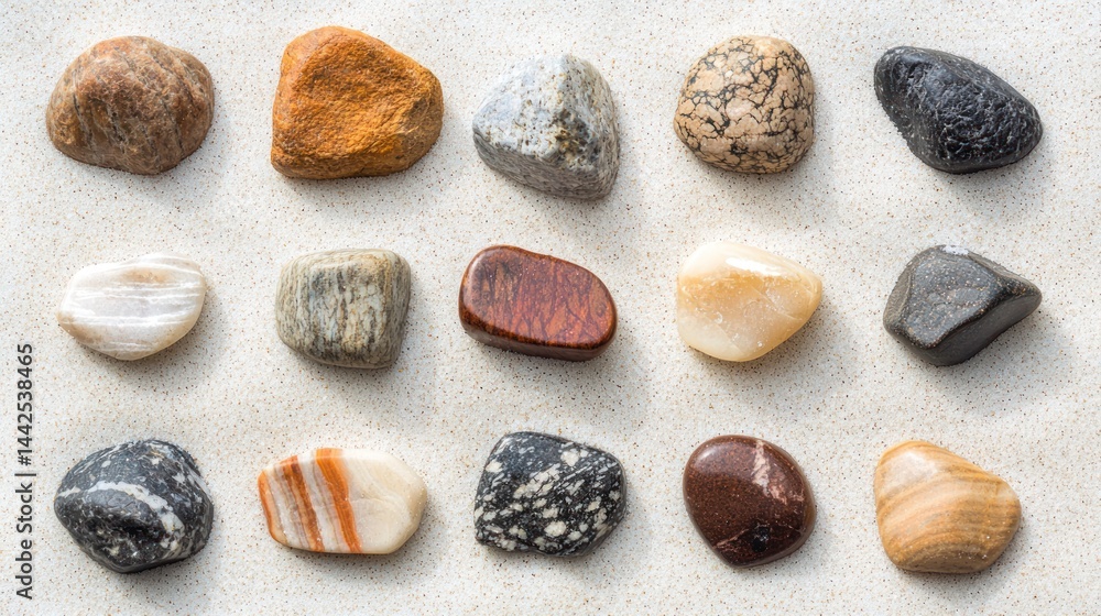 Aufkleber set of rounded and angular stones arranged randomly across the sand on a white background