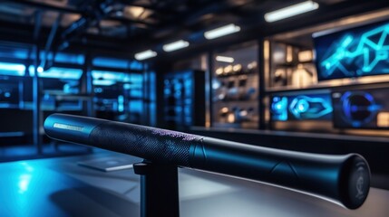 High-tech sports equipment displayed in a modern, futuristic sports store