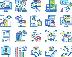 Mortgage Real Estate set Icons hand drawn