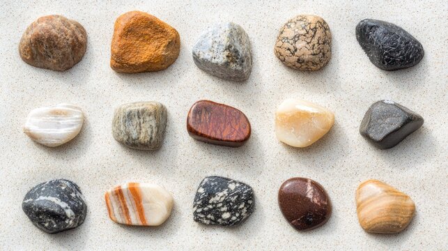 Set of rounded and angular stones arranged randomly across the sand on a white background