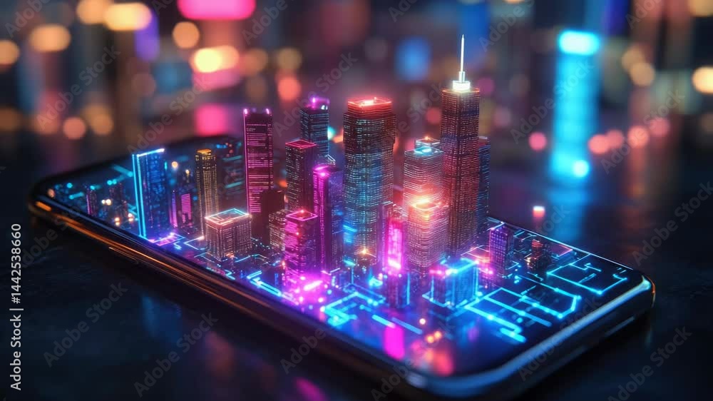 Aufkleber smartphone screen displaying a futuristic cityscape with illuminated digital circuits, representing 