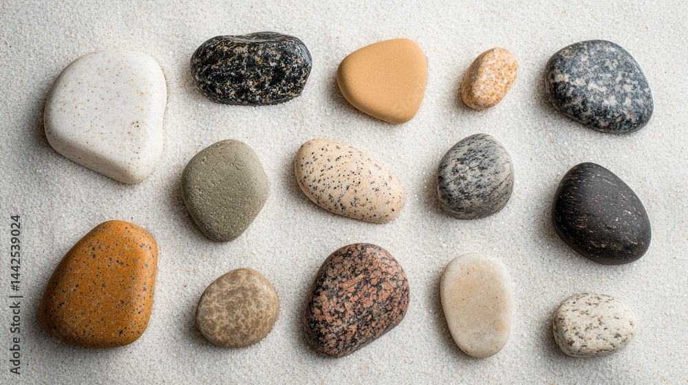 Poster set of rounded and angular stones arranged randomly across the sand on a white background