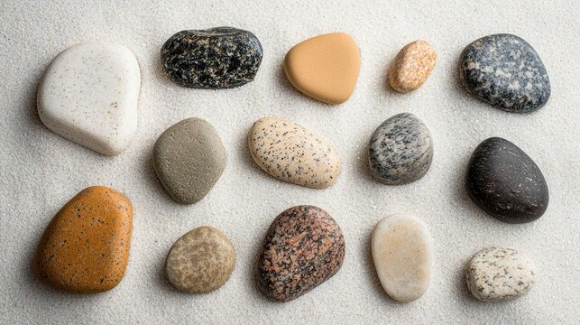 Set of rounded and angular stones arranged randomly across the sand on a white background