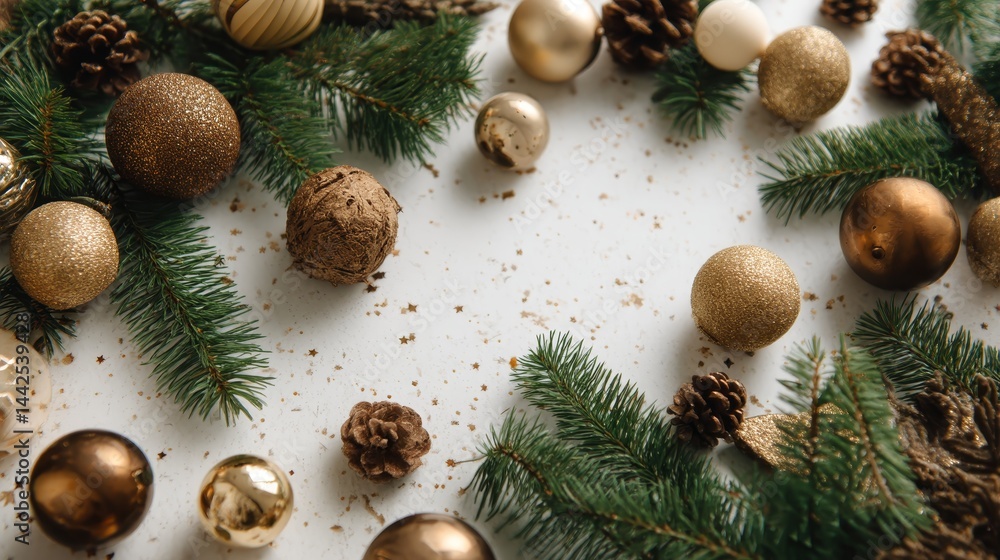 Aufkleber Colorful ornaments and pine branches create a charming holiday atmosphere, offering a soft gradient backdrop with open space for text or design elements
