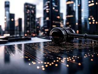Legal documents, gavel, city backdrop