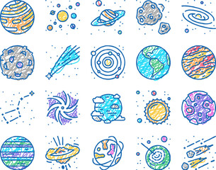 Galaxy System Space set Icons hand drawn