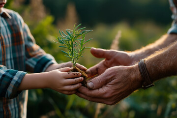 Gardening - father handing young sprout to child in green backyard garden