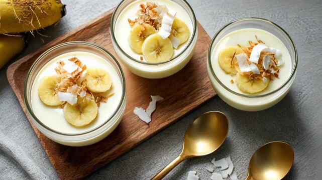 Three glasses of banana pudding with coconut flakes and gold spoons.