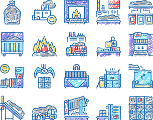 Obraz premium Factory Garbage Waste set Icons hand drawn