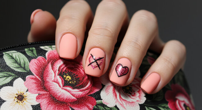 Peach Nails with Valentine's Day Art: Hearts & XO Designs for a Chic & Sweet Manicure, Perfect for Romance or Self-Love!