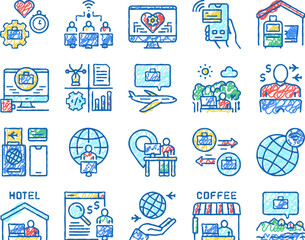 Digital Nomad Worker set Icons hand drawn