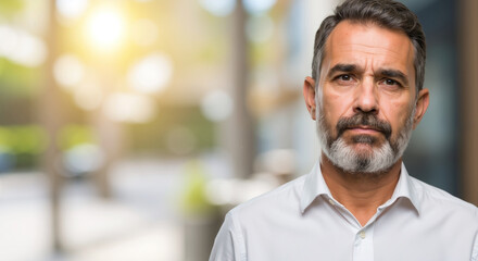 Obraz premium Caucasian mature man with beard looking serious, blurred outdoor city background. Emotion, stress, mental health, wellness, support, awareness, sale, lifestyle, horizontal banner