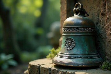 Obraz premium Weathered bronze temple bell, sealed shut, moss-covered clapper, closed, peace, weathered