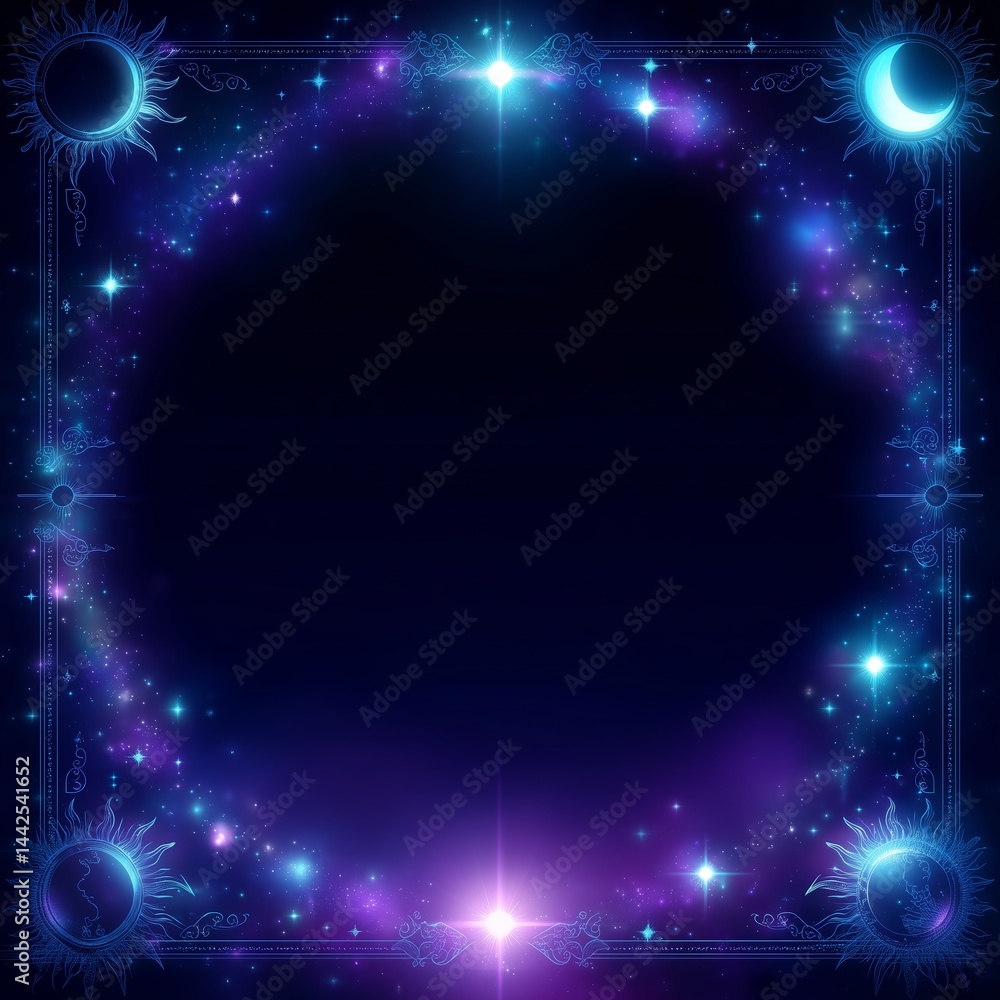 Poster vibrant cosmic border design featuring celestial patterns and colors