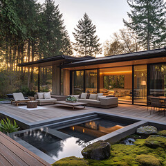 Calm and modern outdoor retreat with rugged wooden deck, natural moss features, and neutral clean-lined outdoor furniture, photographed during golden hourRed Devil,