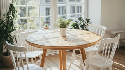 A wooden table and chairs with plants by a window
