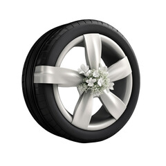 Wedding car tire with flowers and ribbon a beautiful detail