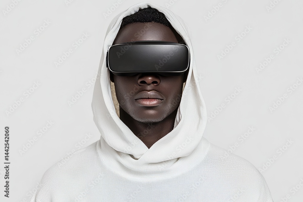Poster a man with unknown identity is standing and utilizing virtual reality glasses while wearing trendy c