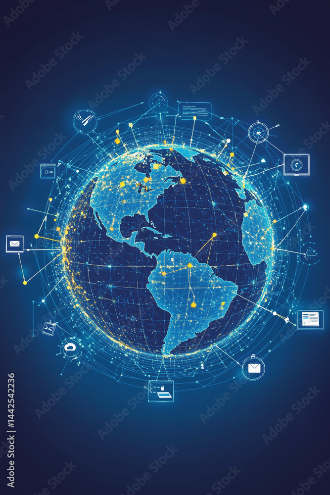 Poster global communication network connecting world with data exchange and technology