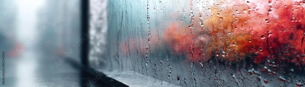 Poster raindrop on a window creating water texture and cityscape pattern concept. a close-up view of raindr
