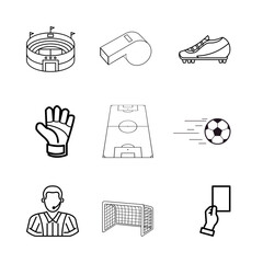 Football, icon set. Soccer. Kicking a ball, team, rule, goal, players, etc linear icons. Line with editable stroke